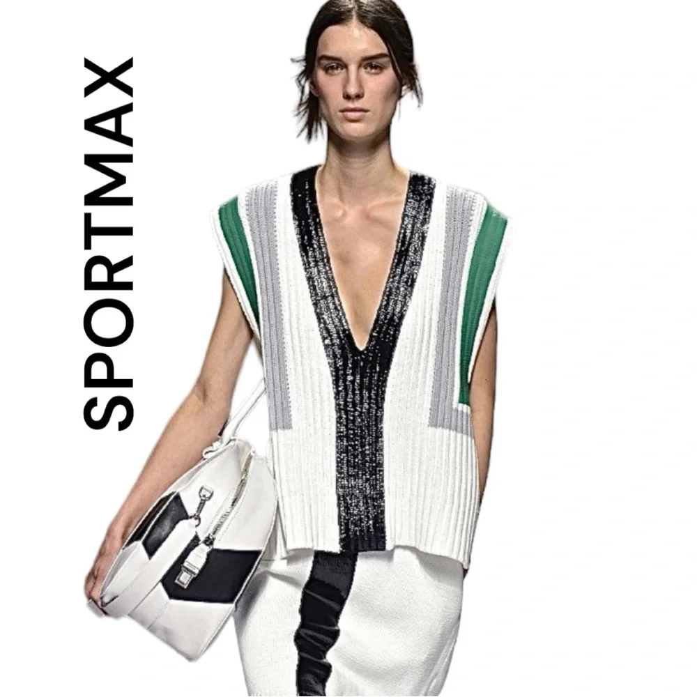 Sportmax White V-Neck Ribbed Sweater Vest with Green and Black Accents - Picture 1 of 9